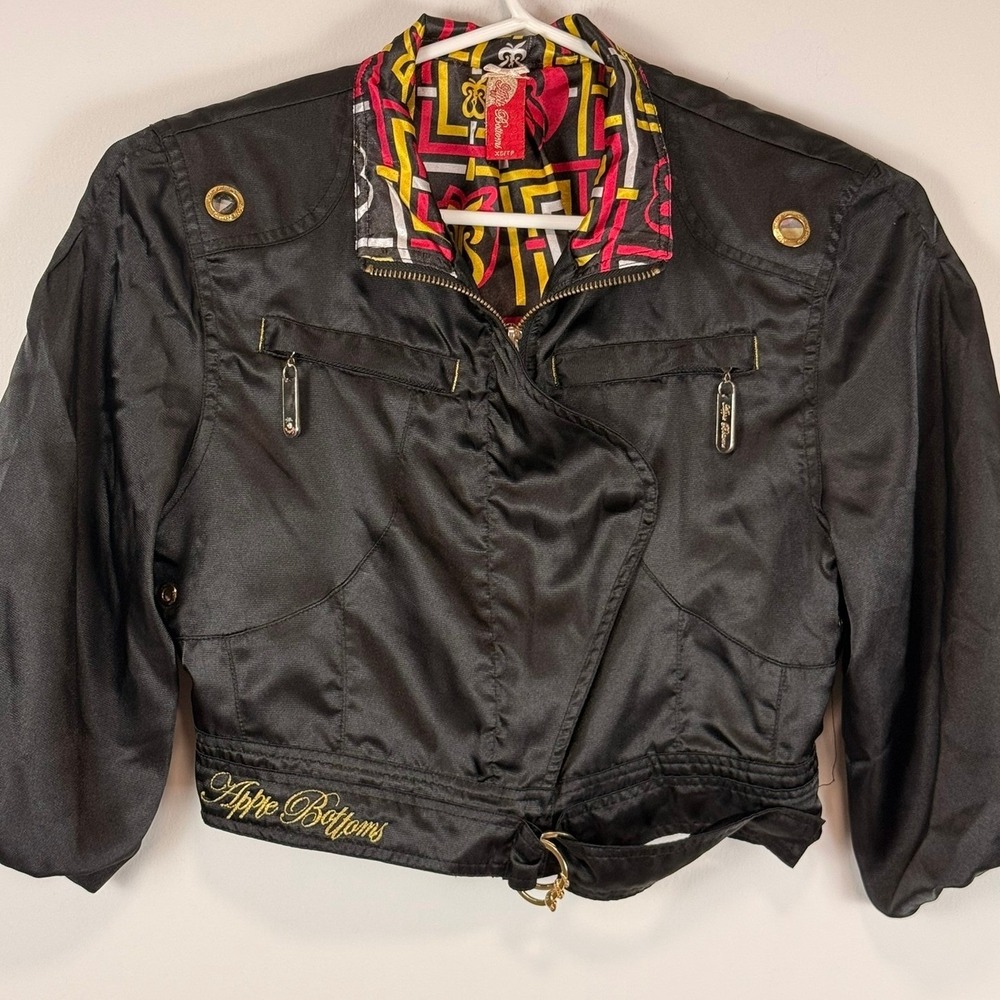 Apple Bottoms Black Cropped Bomber Jacket Y2K Satin Asymmetric Zip XS